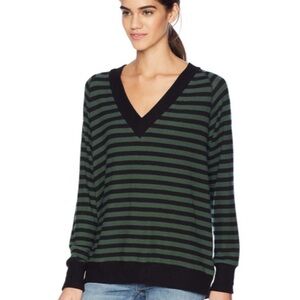 LNA Green and Black Striped V-Neck Sweater